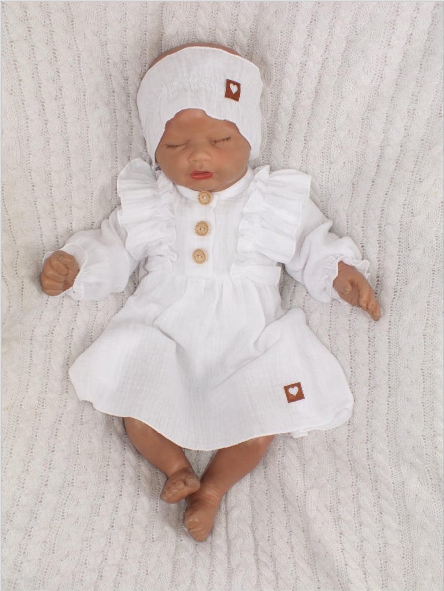 Muslinowa sukienka niemowleca . Przewiewna dziewczeca sukienka z dlugim rekawem. Sukienka z opaska  dla niemowlaka. Biala sukienka muslinowa dla malej dziewczynki.
