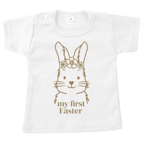 baby shirt pasen my first easter big bunny meisje wit opdruk zand