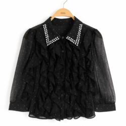 Meisjes blouse zwart met ruffles en strass transparante mouwen en kraag met steentjes Meisjes blouse zwart met ruffles en strass, transparante mouwen en kraag met steentjes