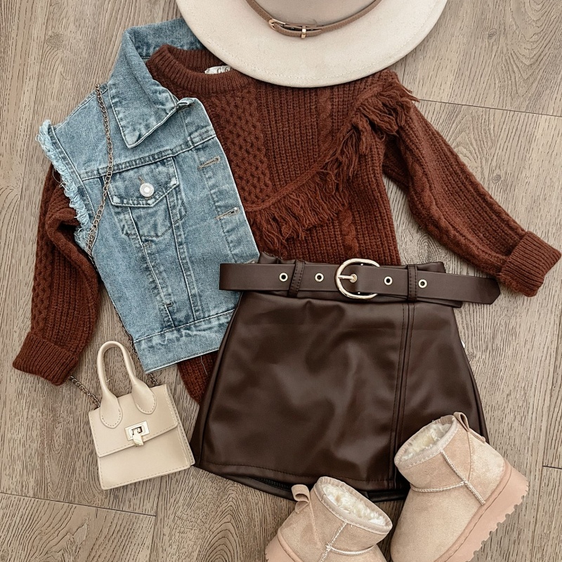 set meisje herfst leren broek rokje