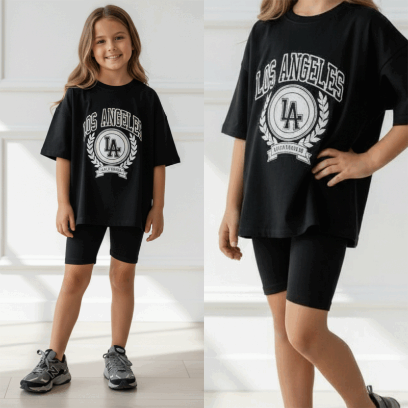 Set LA oversized t shirt & legging short zwart