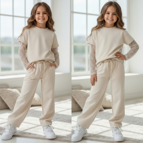 meisjes loungeset beige met kanten mouwen meisjes loungeset beige met kanten mouwen