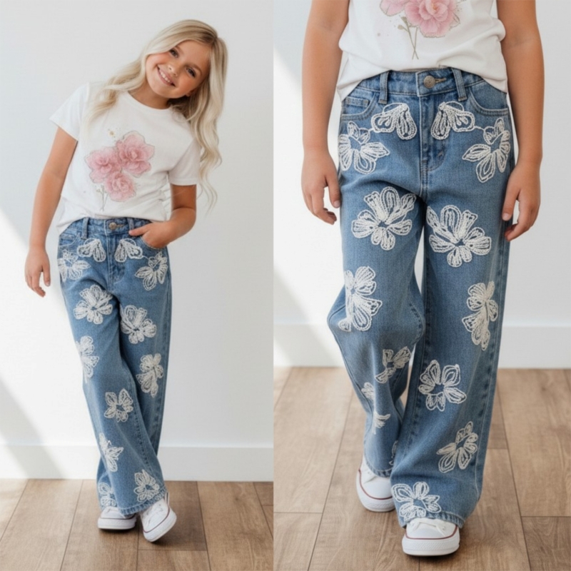 wide fit jeans met witte bloemen wide fit jeans met witte bloemen
