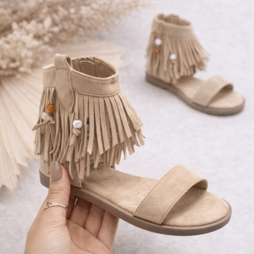 boho sandalen Beige boho fringe sandaaltjes