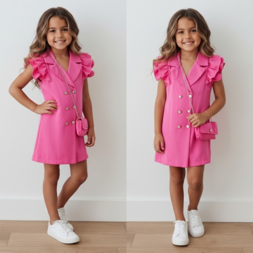 meisjes blazer jurkje fuchsia met tasje