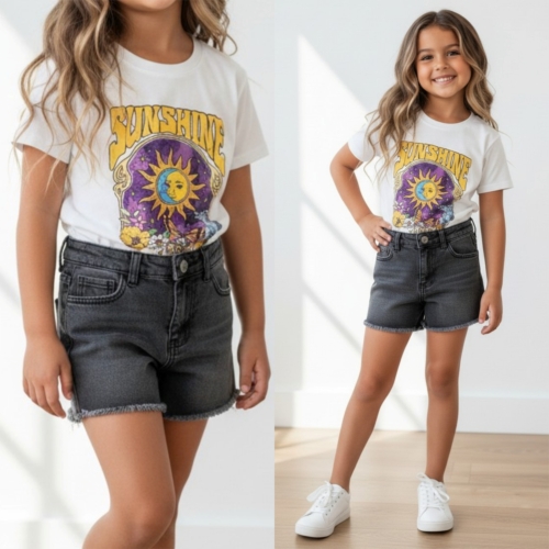 meisjes denim short grijs zwart met rafelrand meisjes denim short grijs zwart met rafelrand