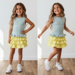 meisjes rib top blauw geel gestreept met roes meisjes rib top blauw geel gestreept met roes