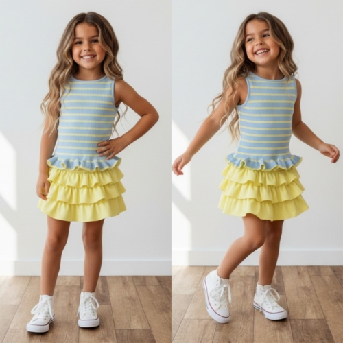 meisjes rib top blauw geel gestreept met roes