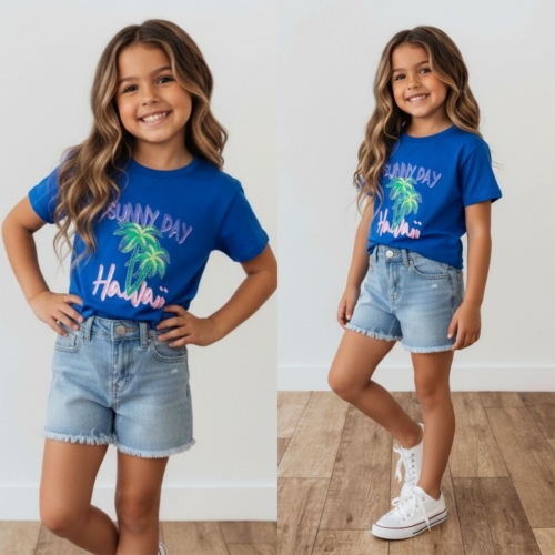 meisjes shirt blauw met hawaii print en palmboom