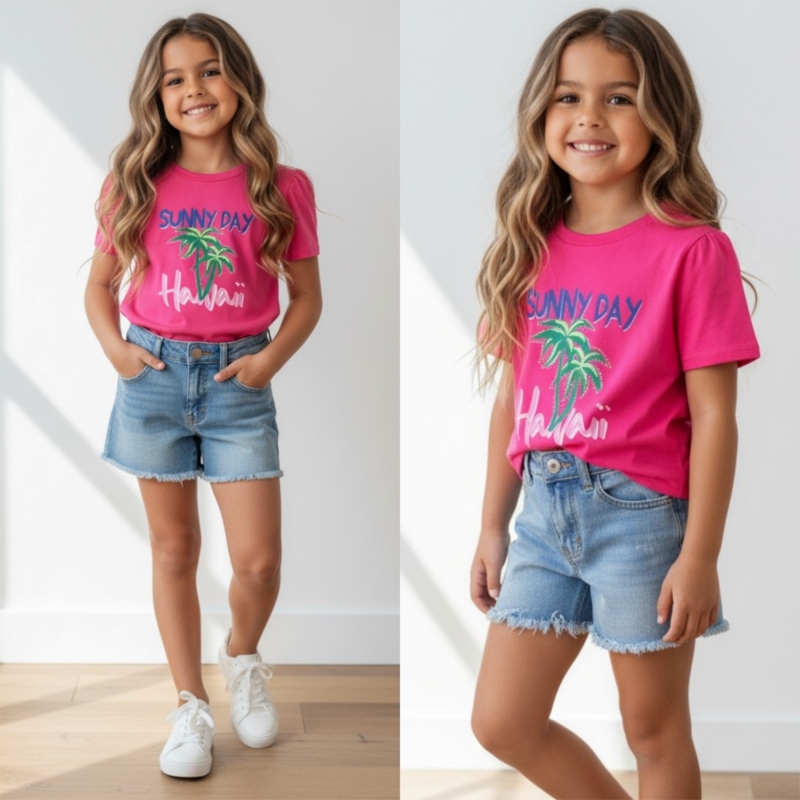 meisjes shirt roze met hawaii print en palmboom