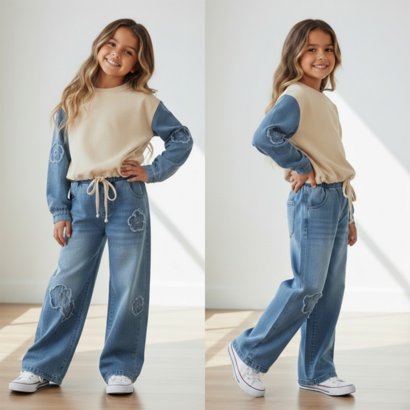 meisjes denim set beige meisjes denim set beige