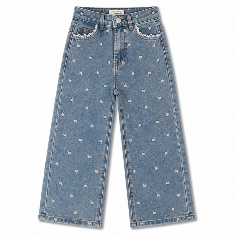 meisjes wide fit jeans blauw met hartjes