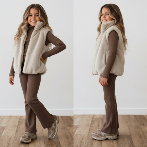 meisjes flared broek rib taupe bruin