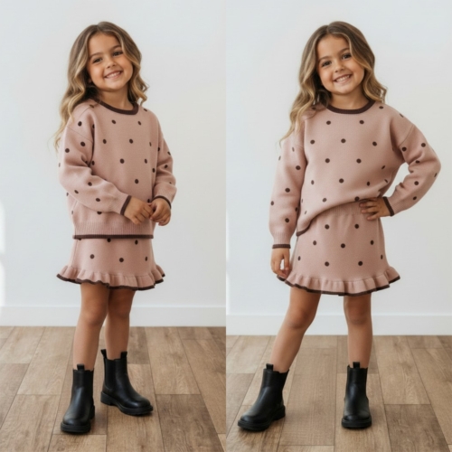 meisjes gebreide set beige stippen