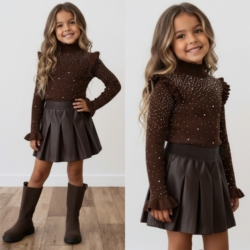 meisjes top bruin met pareltjes meisjes top bruin met pareltjes
