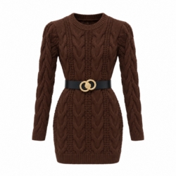 Bruine kabelgebreide jurk met riem Bruine kabelgebreide jurk met riem