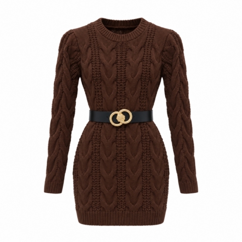 Bruine kabelgebreide jurk met riem