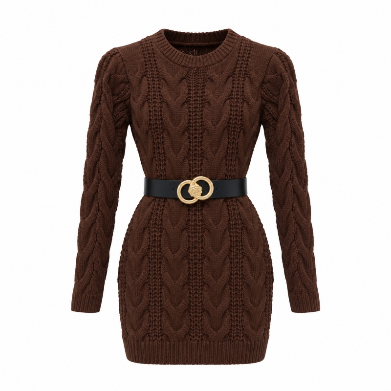 Bruine kabelgebreide jurk met riem Bruine kabelgebreide jurk met riem