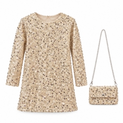 Champagnekleurige glitterjurk met bijpassend tasje Champagnekleurige glitterjurk met bijpassend tasje