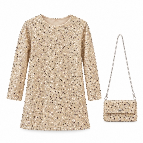Champagnekleurige glitterjurk met bijpassend tasje Champagnekleurige glitterjurk met bijpassend tasje