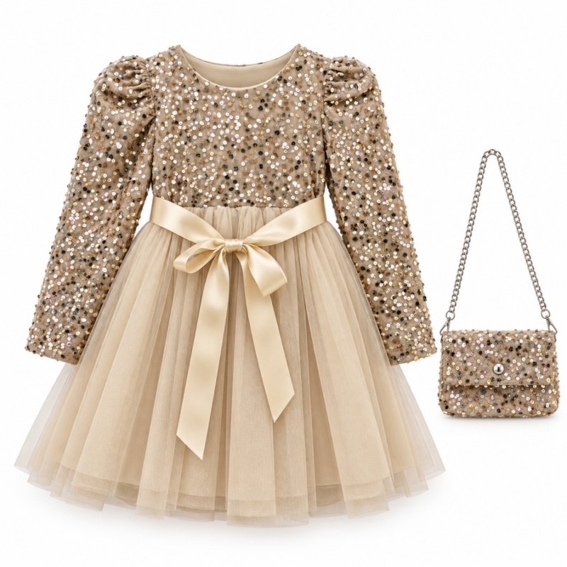 Champagnekleurige jurk met pailletten en tas Champagnekleurige jurk met pailletten en tas