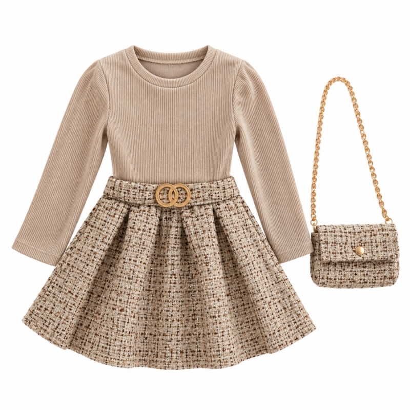 Kinderoutfit met Tweedrok en Gouden Tas